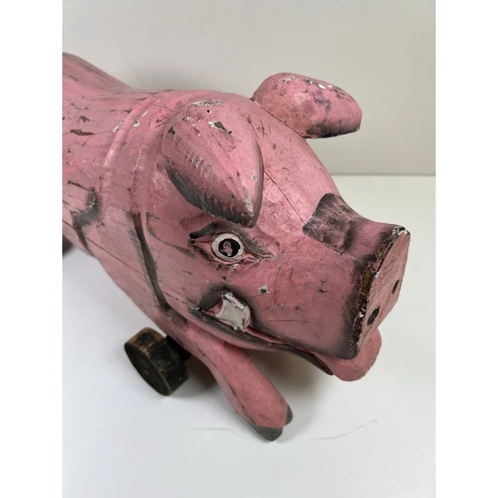Vintage Handcrafted Carved Wooden Pig on Wheels Art Sculpture Statue Country